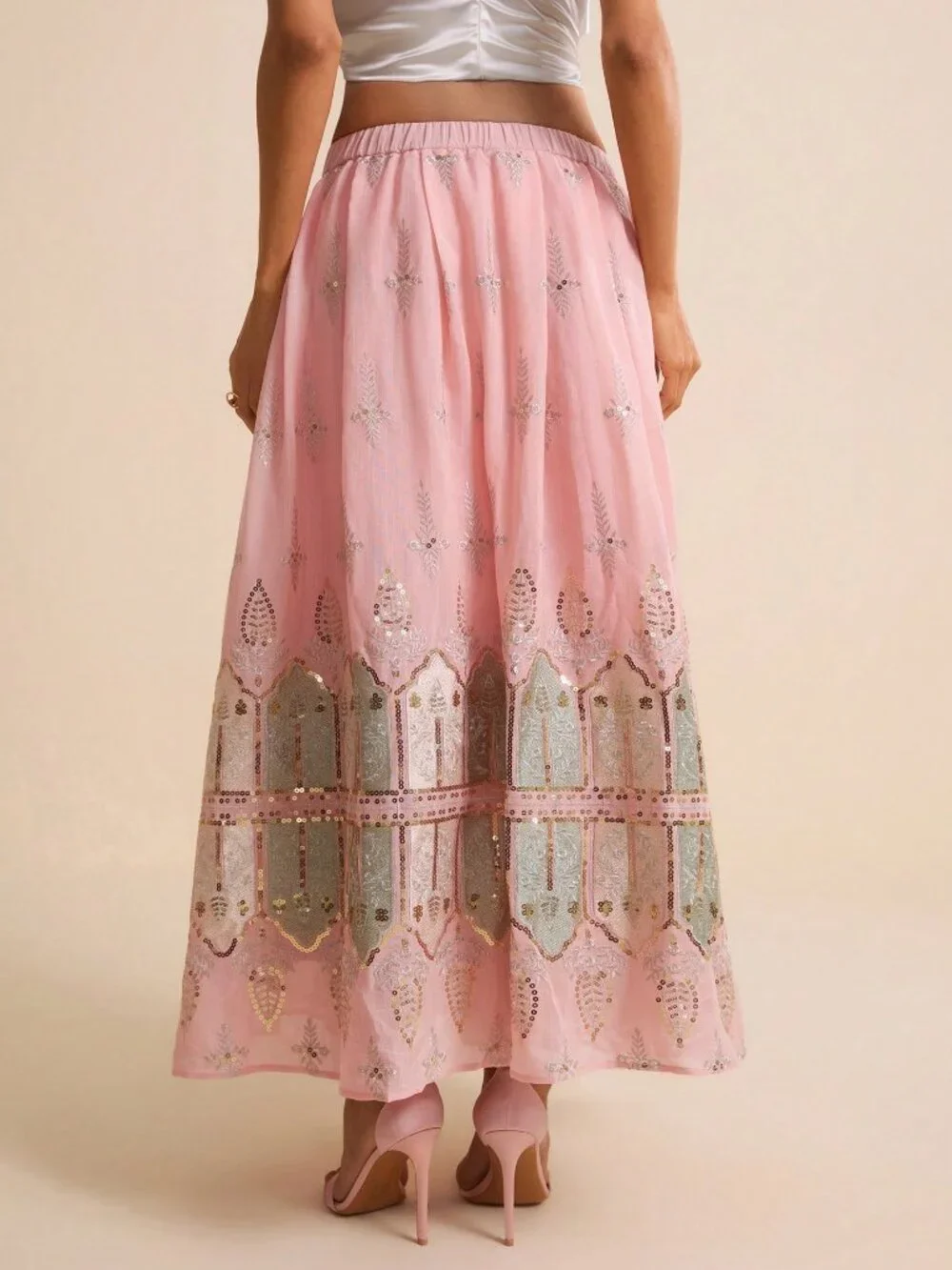 Pink Elegant Women's Chiffon Maxi Skirt With Bead And Thread Embroidery - Picture 2 of 6
